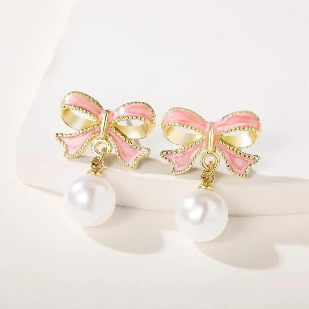 Women's Pink Earrings Long Tassel Chain Drop Earrings Trendy Small Bow Sparkly - Picture 3 of 9